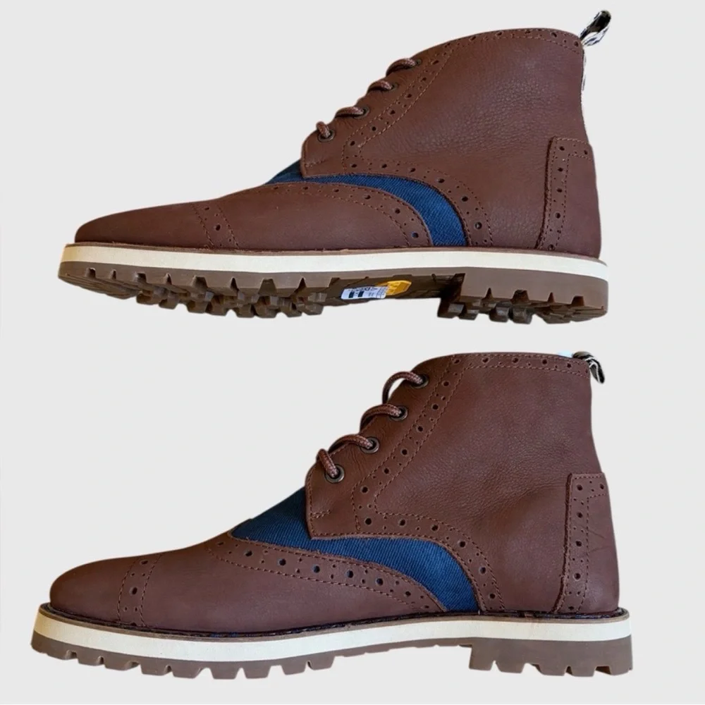 Tom’s Men's Hombres Brogue Leather Chestnut Brown Blue Preppy Boots
